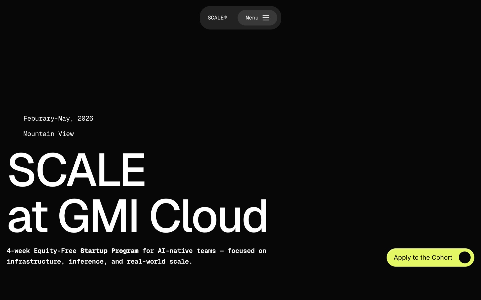 The SCALE at GMI Cloud landing page as it looked in January 2026